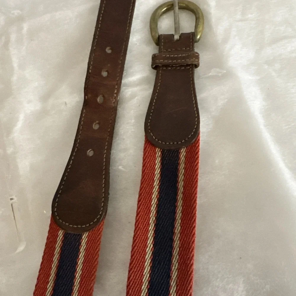 Trafalgar Canvas RED NAVY STRIPED Leather Vintage 1980s USA Belt Unisex